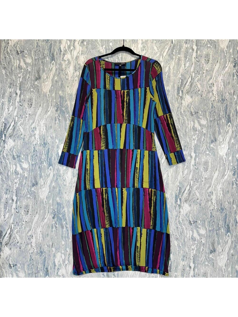 Artsy Boho Minimalist Lagenlook Colorblock Striped Maxi Dress (S)
